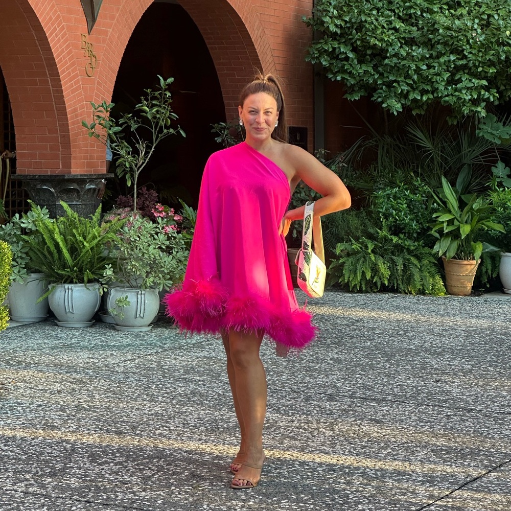 Hot pink feather trim cocktail dress!